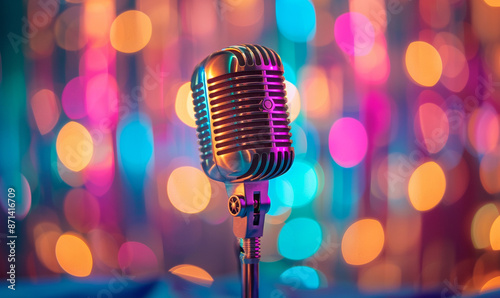 A rainbow-colored microphone on the table