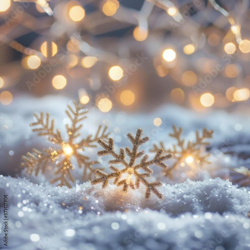 Festive Winter Wonderland Background with Delicate Snowflakes and Warm Fairy Lights. Perfect for Holiday Season, Christmas, Festive Atmosphere, End-of-Year Sales, Winter, New Year. AI-Generated HD Wal © Da