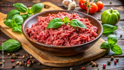 Minced beef meat with basil leaves ready for cooking