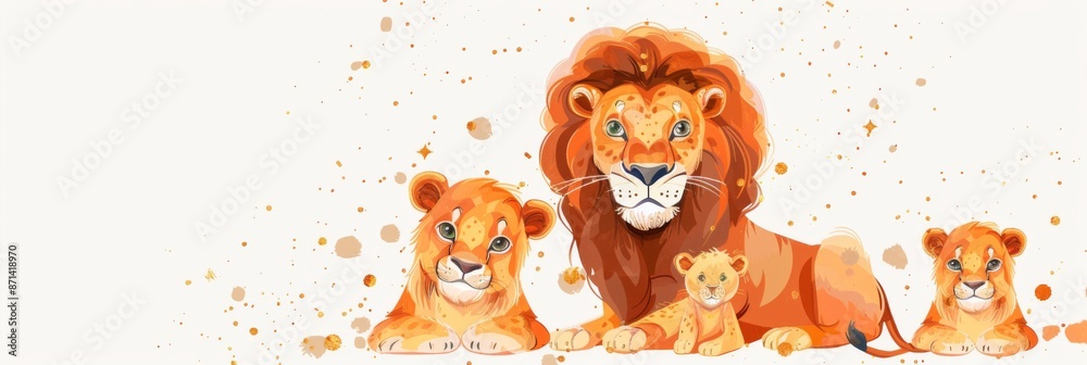 World Lion Day. A family of lions on a white background. Horizontal banner, free space for text. Flat illustration. Concept of wildlife protection, animal protection World Lion Day. A family of lions on a white background. Horizontal banner, free space for text. Flat illustration. Concept of wildlife protection, animal protection
