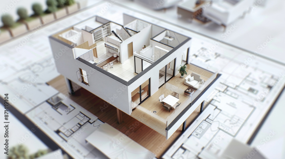A detailed miniature architectural model of a modern house placed on top of blueprint plans. A detailed miniature architectural model of a modern house placed on top of blueprint plans.