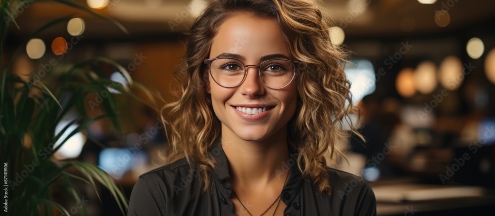 Fototapeta premium Portrait of successful female programmer at office workplace, with laptop on work desk