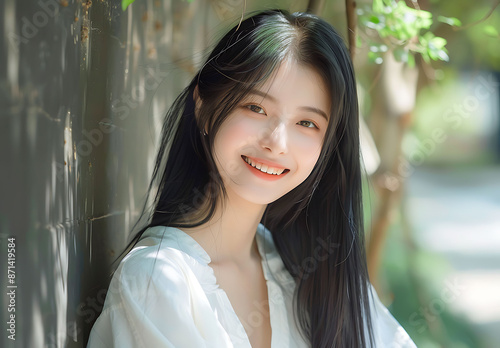 Photo of Asian girl straight hair smiling wearing white attire She green highlight her long black hair positioned against clean background focus should upper body highlight facial expression detail of photo