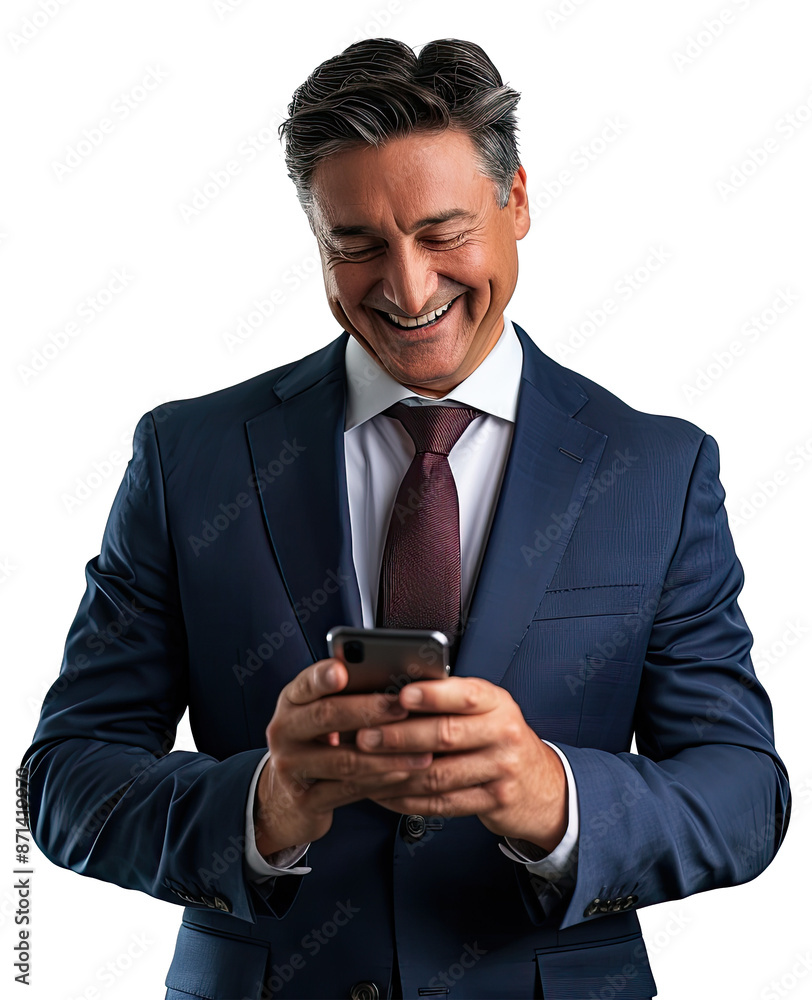 Portrait of senior executive businessman happy smiling and standing posing holding using smart phone, Wear a blue suit and red tie, isolated on white background, png Portrait of senior executive businessman happy smiling and standing posing holding using smart phone, Wear a blue suit and red tie, isolated on white background, png