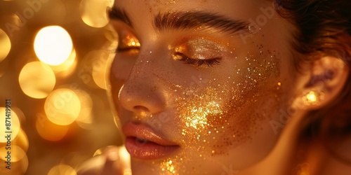 Close-up of woman's face adorned with golden glitter in warm light