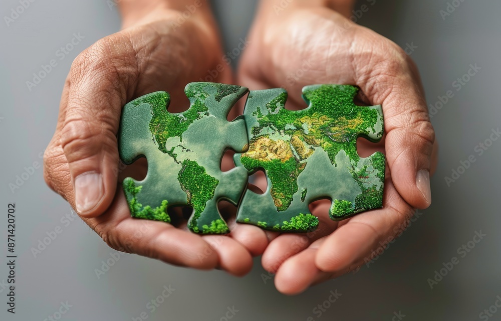 Hands holding puzzle pieces depicting world map concept of global unity and conservation Hands holding puzzle pieces depicting world map concept of global unity and conservation
