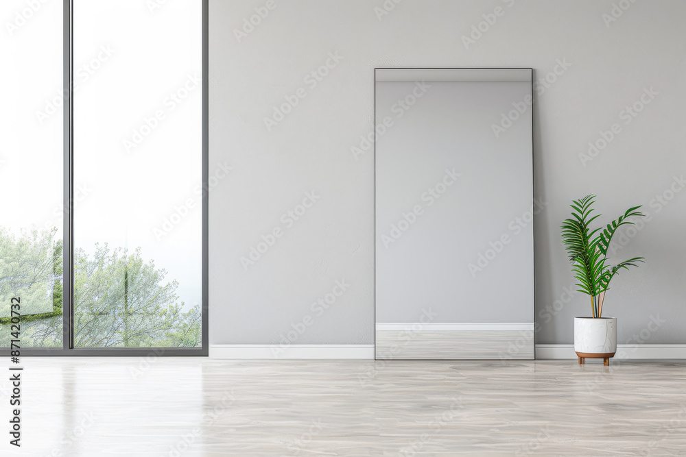 Obraz premium Luxurious empty room interiors with a window providing natural light, a mirror on the wall and minimal furniture. Luxury residential real estate composition in neutral colors.
