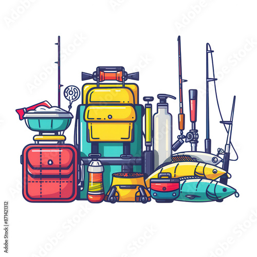 A group of fishing equipment items central arrangement for a website photo