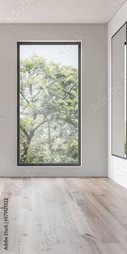 Luxurious empty room interiors with a window providing natural light, a mirror on the wall and minimal furniture. Luxury residential real estate composition in neutral colors.
