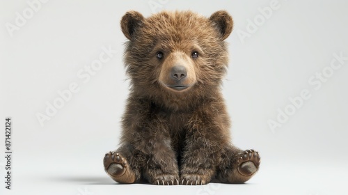 Adorable brown bear cub sitting on a plain background, looking straight ahead. The fluffy fur and curious eyes make it endearing. photo