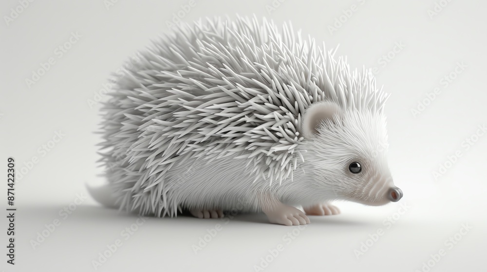 Obraz premium Adorable close-up of a white hedgehog with a soft, spiky coat on a plain white background.