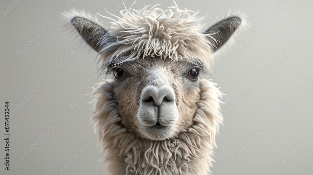 Fototapeta premium Adorable close-up portrait of a fluffy alpaca with a neutral background showcasing its expressive face and unique fur texture.