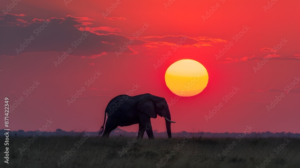 Majestic Elephant Silhouetted Against Breathtaking Red African Sunrise Landscape Majestic Elephant Silhouetted Against Breathtaking Red African Sunrise Landscape