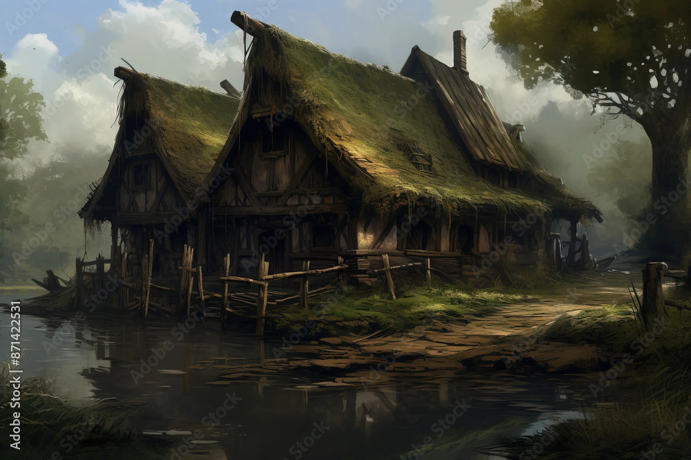 Alchemist's hut nestled in mystical marshland twilight. Fantasy wallpaper Alchemist's hut nestled in mystical marshland twilight. Fantasy wallpaper