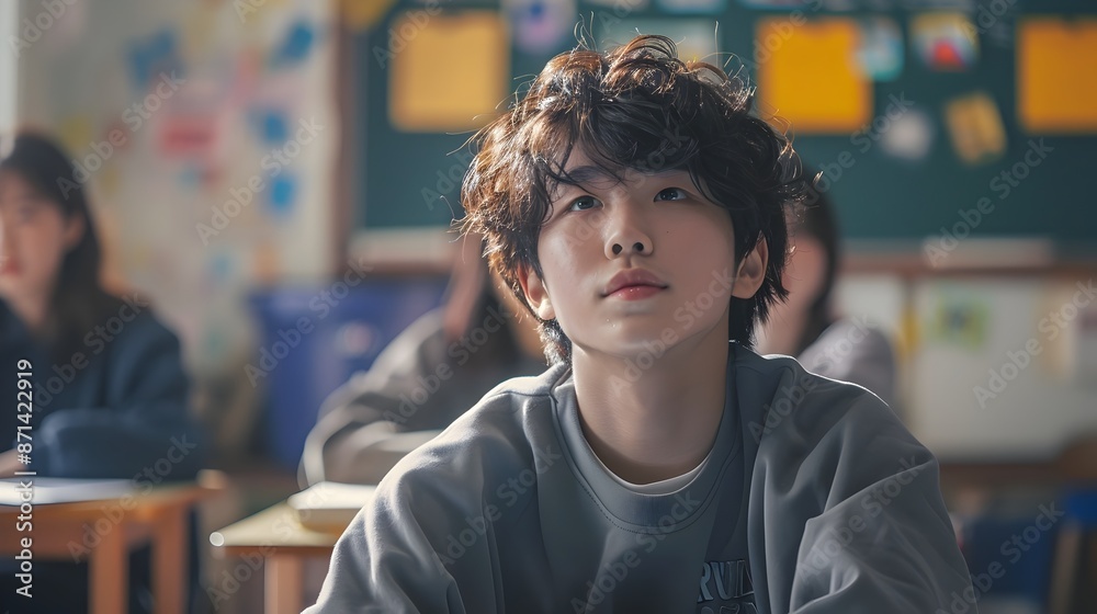 Pensive Asian Teenager in Classroom with Modern Pop Inspired Costume