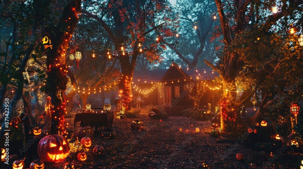 Magical Halloween night scene in a forest with glowing jack-o'-lanterns, fairy lights, and a wooden cabin, creating a festive atmosphere. Magical Halloween night scene in a forest with glowing jack-o'-lanterns, fairy lights, and a wooden cabin, creating a festive atmosphere.
