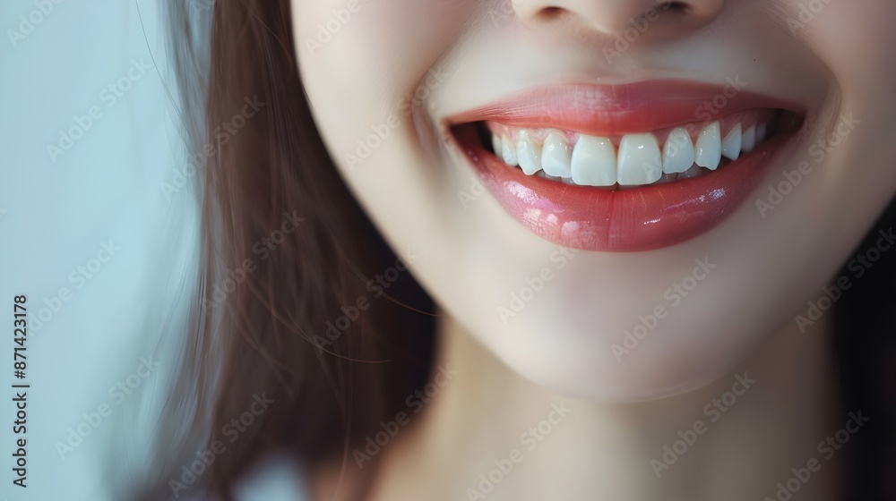 Fototapeta premium Radiant Asian Woman s Dazzling Smile in Dental Clinic with Neo Pop Style Fashion