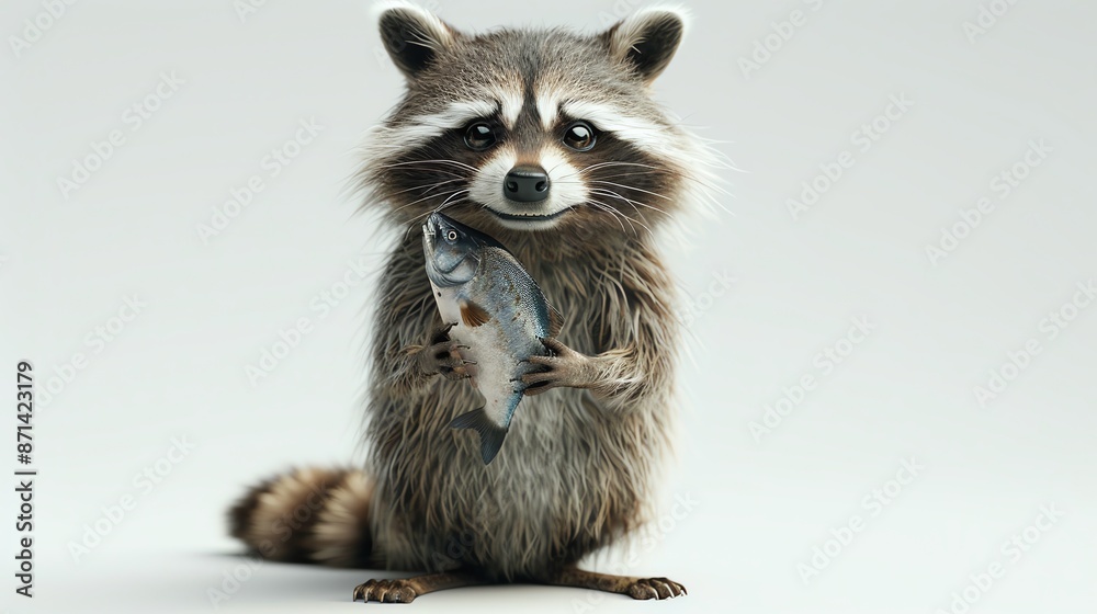 Fototapeta premium Adorable raccoon holding a fish, isolated on white background. Cute wildlife moment captured in high detail.