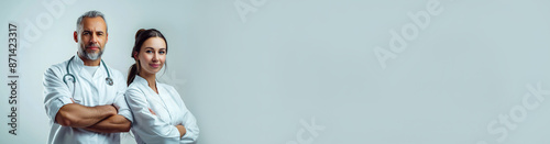 On a gray isolated background, a man and a woman are doctors in medical gowns. The banner, the place for the text. The concept of healthcare.