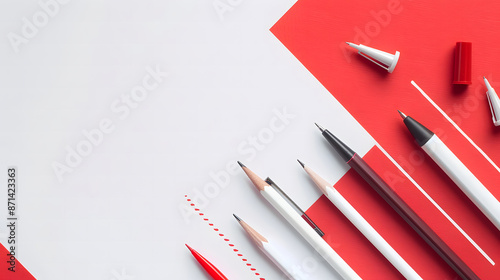 Wallpaper Mural A red and white colored background with office stationery elements like pens, pencils, paper balls, an alarm clock, a mobile phone, and abstract geometric shapes in a professional layout design Torontodigital.ca