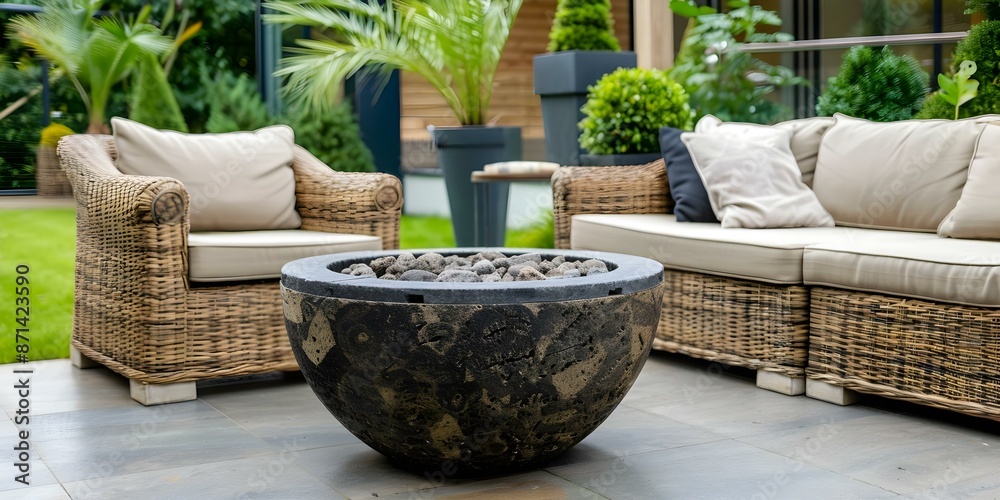 Modern outdoor patio with cozy fire pit stylish furniture and potted plants. Concept Outdoor Patio Design, Stylish Furniture, Cozy Fire Pit, Potted Plants, Modern Décor Modern outdoor patio with cozy fire pit stylish furniture and potted plants. Concept Outdoor Patio Design, Stylish Furniture, Cozy Fire Pit, Potted Plants, Modern Décor