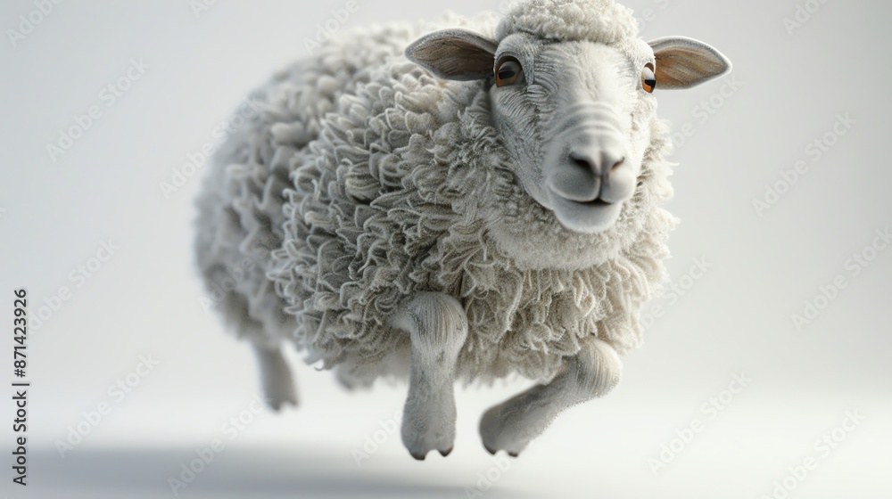 Fototapeta premium Close-up of a joyful, fluffy sheep mid-jump against a minimalistic background. Cute animal in motion, portraying happiness and liveliness.