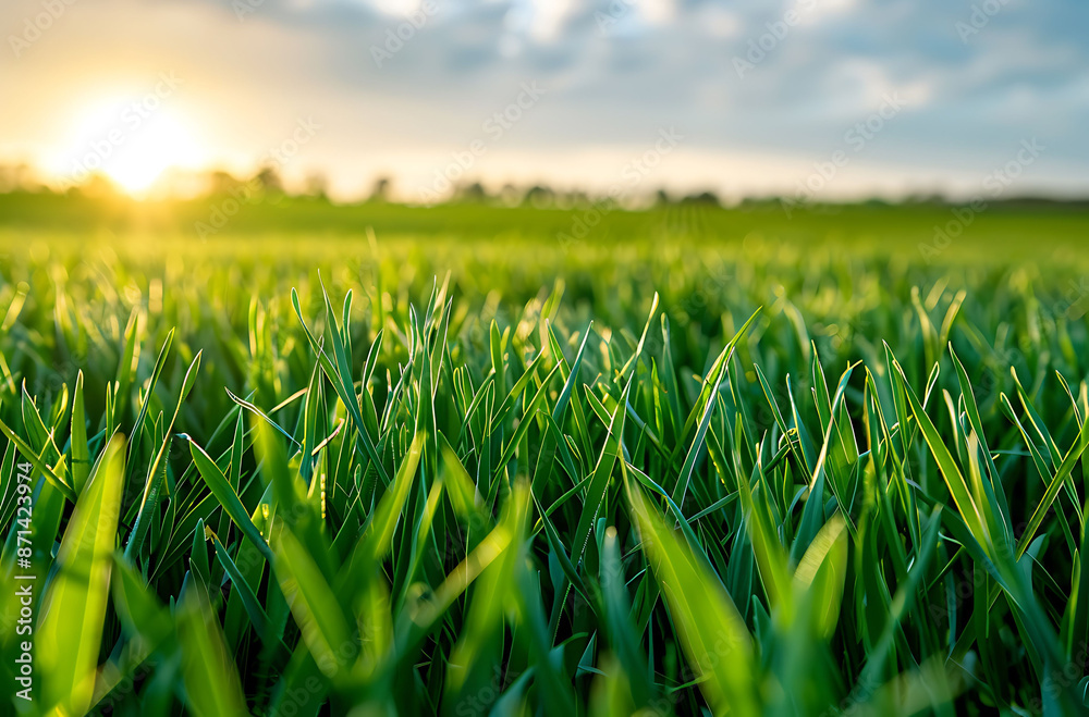 Close up of green wheat field blurred background closeup view of tall grain grassy meadow focused sprouts The concept is the agricultural industry and food production Stock photo with space for text Close up of green wheat field blurred background closeup view of tall grain grassy meadow focused sprouts The concept is the agricultural industry and food production Stock photo with space for text