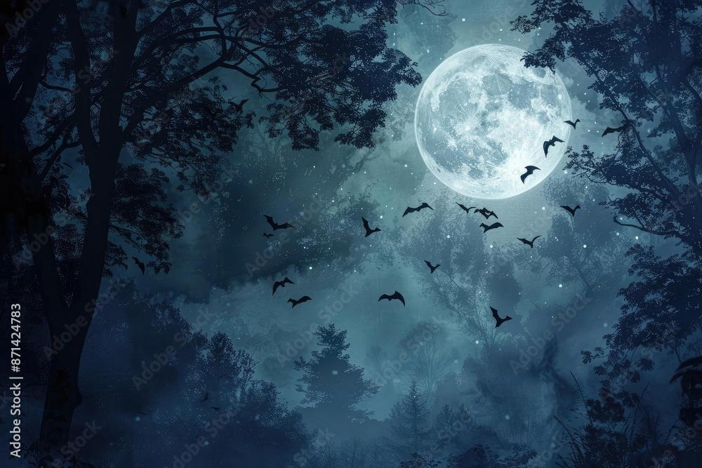 Naklejka premium Eerie night sky with a full moon and bats flying against a backdrop of dark trees. Perfect for spooky, Halloween, or nature themes.