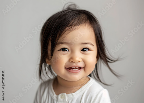 Cute asian baby face happy expression against white background taken photo studio soft light clear focus baby girl portrayed closeup portrait wearing white against solid colored white wall warm color photo