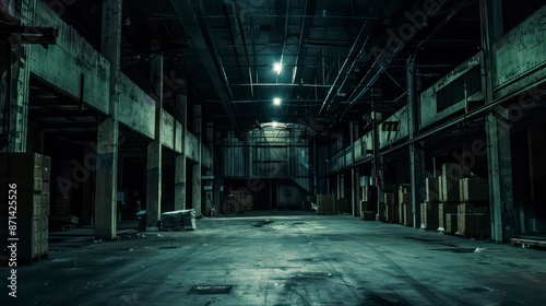 interior of a big warehouse at night