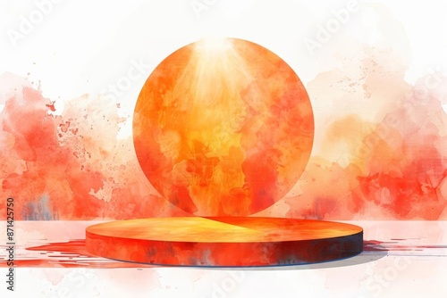 A vibrant orange podium in the shape of a sphere, illuminated by a spotlight from above photo