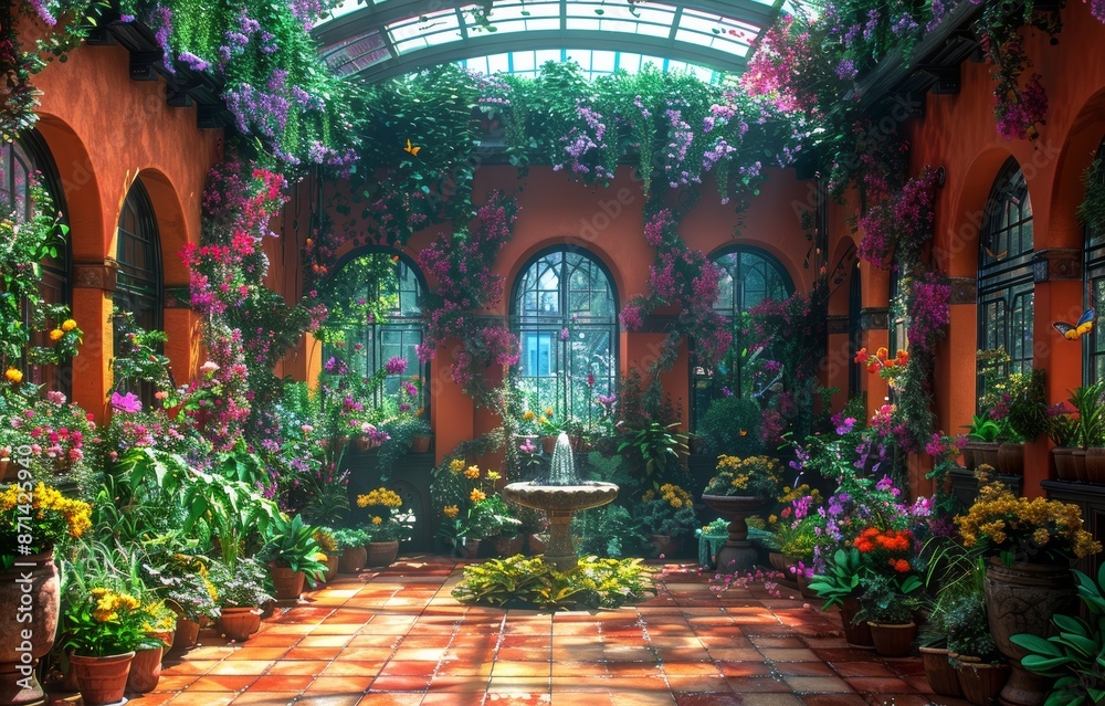 Fototapeta premium Enchanting Indoor Garden with Colorful Flowers and Lush Greenery in a Sunlit Conservatory
