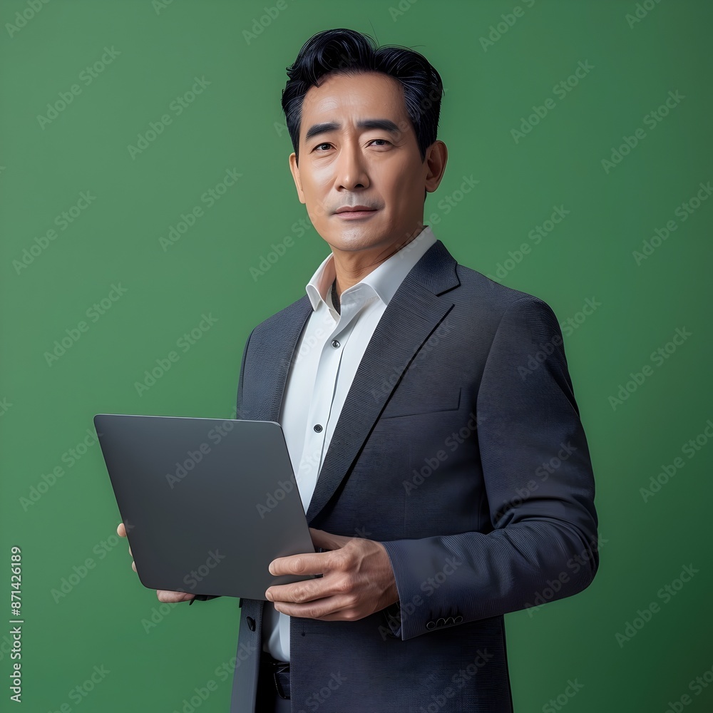 Sophisticated Asian Businessman Holding Laptop in Skyscraper Office Sophisticated Asian Businessman Holding Laptop in Skyscraper Office
