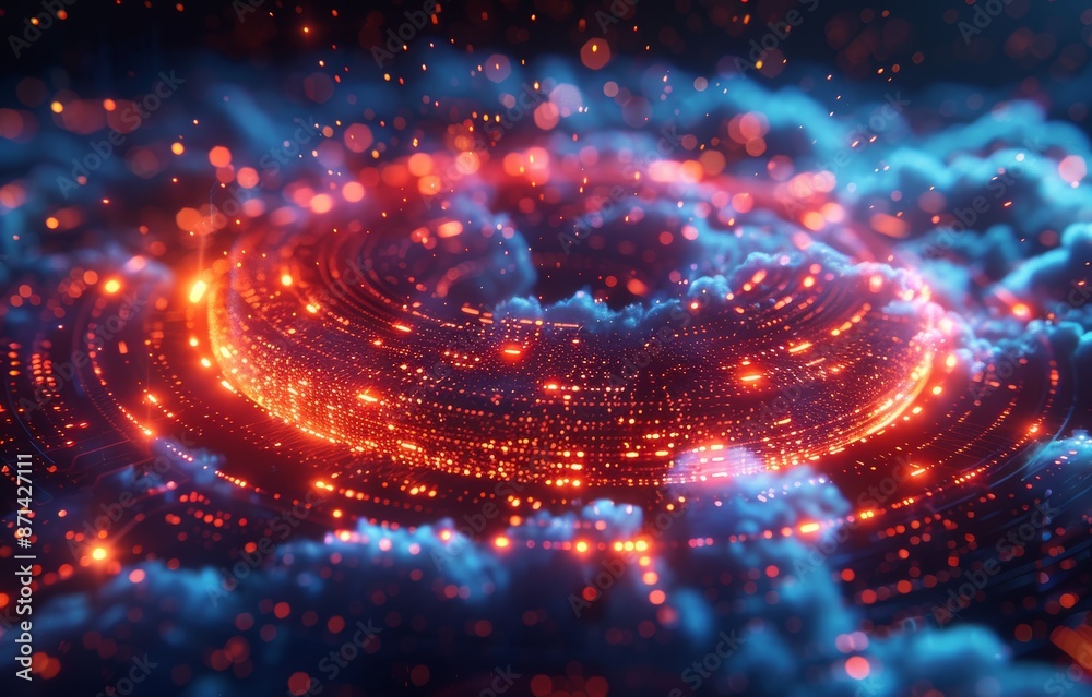 Futuristic Digital Data Stream in a Cloud Environment with Glowing Particles and Circular Patterns Futuristic Digital Data Stream in a Cloud Environment with Glowing Particles and Circular Patterns