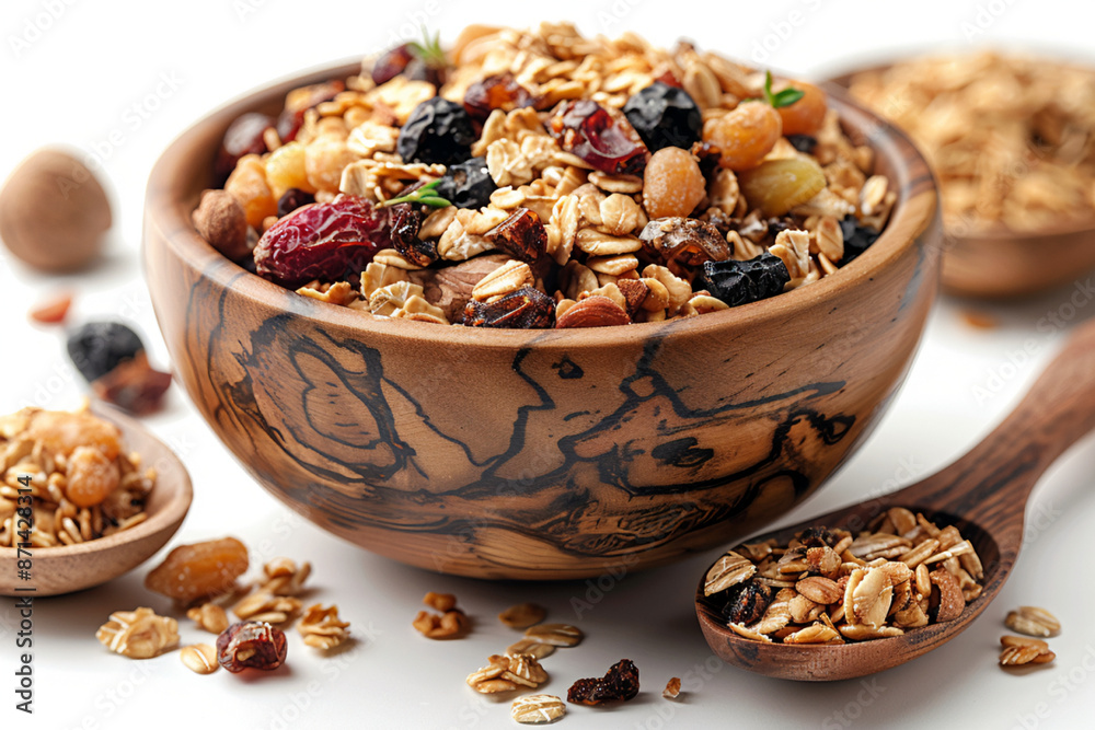 Wooden Bowl Filled with Granola and Two Wooden Spoons Wooden Bowl Filled with Granola and Two Wooden Spoons