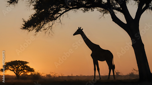 silhouette of a giraffe standing under a tree in the sunset photo
