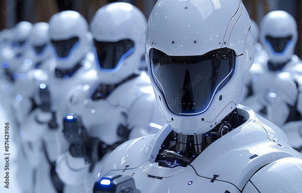 Fototapeta premium Futuristic Row of White Humanoid Robots with Black Visors in a High-Tech Environment