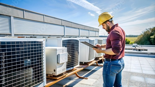 Wallpaper Mural HVAC Technician Inspecting Air Conditioning Units on Rooftop. Torontodigital.ca