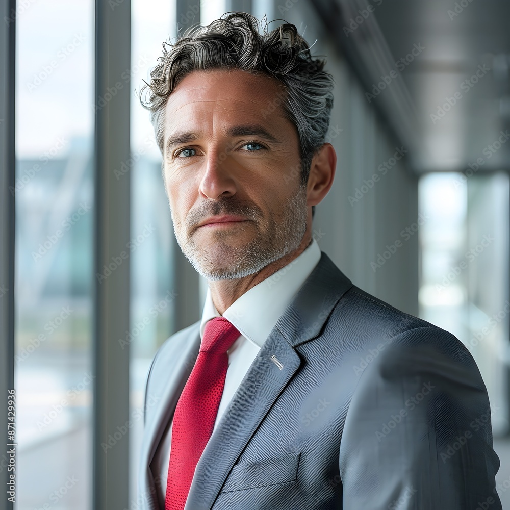 Confident Businessman in Suit Stands Seriously Near Window in Office Confident Businessman in Suit Stands Seriously Near Window in Office