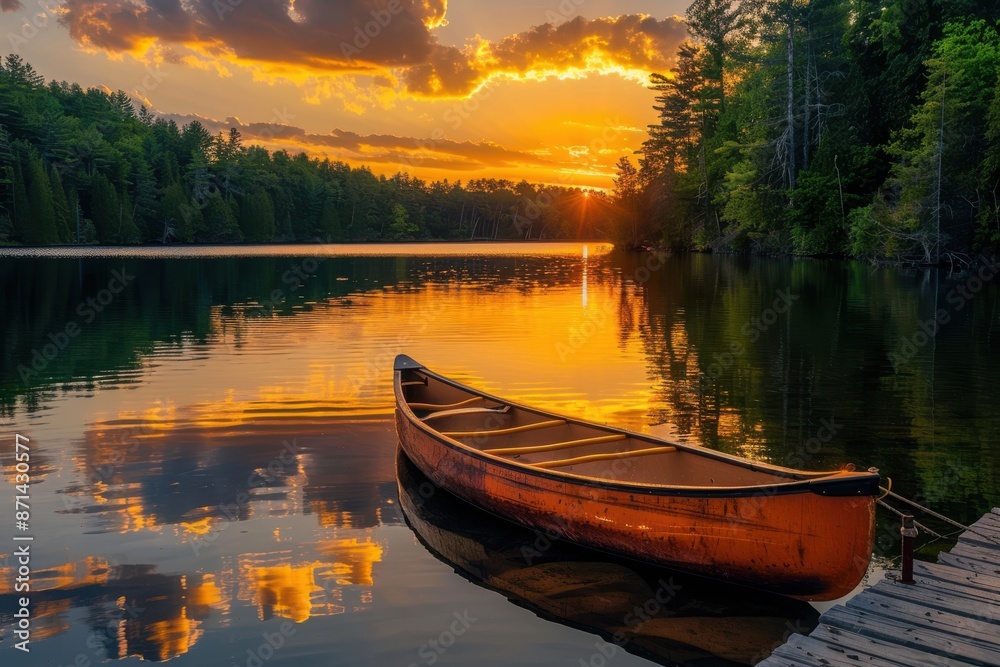 A canoe sits in a lake at sunset A canoe sits in a lake at sunset