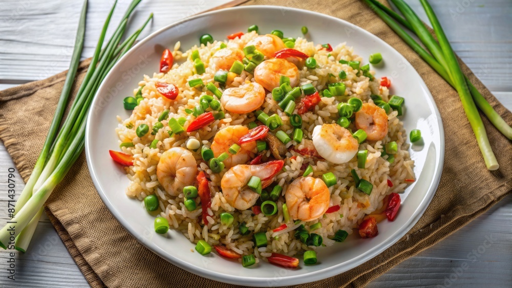 Delicious oriental-style shrimp fried rice dish, garnished with sliced scallions and served on a white ceramic plate overhead view. Delicious oriental-style shrimp fried rice dish, garnished with sliced scallions and served on a white ceramic plate overhead view.