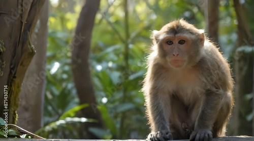 a monkey sitting on a ledge in the woods