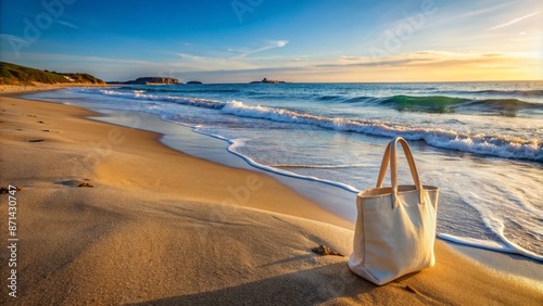 Wide shot of a secluded beach with a abandoned tote bag, a symbol of tranquility and relaxation. photo