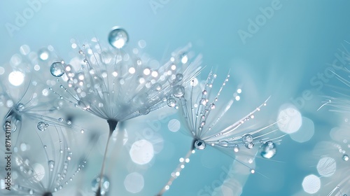 Dew drops on a fuzz dandelion macro close-up. Beautiful soft blurred blue background. Gentle air artistic image with a soft focus.