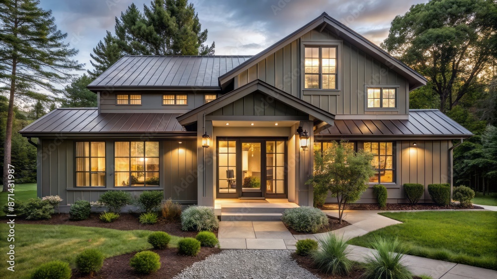 Rustic meets modernity in this serene grey farmhouse exterior featuring a sleek glass-enclosed front door and lush green surroundings. Rustic meets modernity in this serene grey farmhouse exterior featuring a sleek glass-enclosed front door and lush green surroundings.