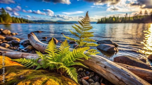 Serene Lake Ladoga shoreline features a delicate Botrychium Multifidum fern specimen amidst moss, rocks, and drifted wood in natural silence. photo