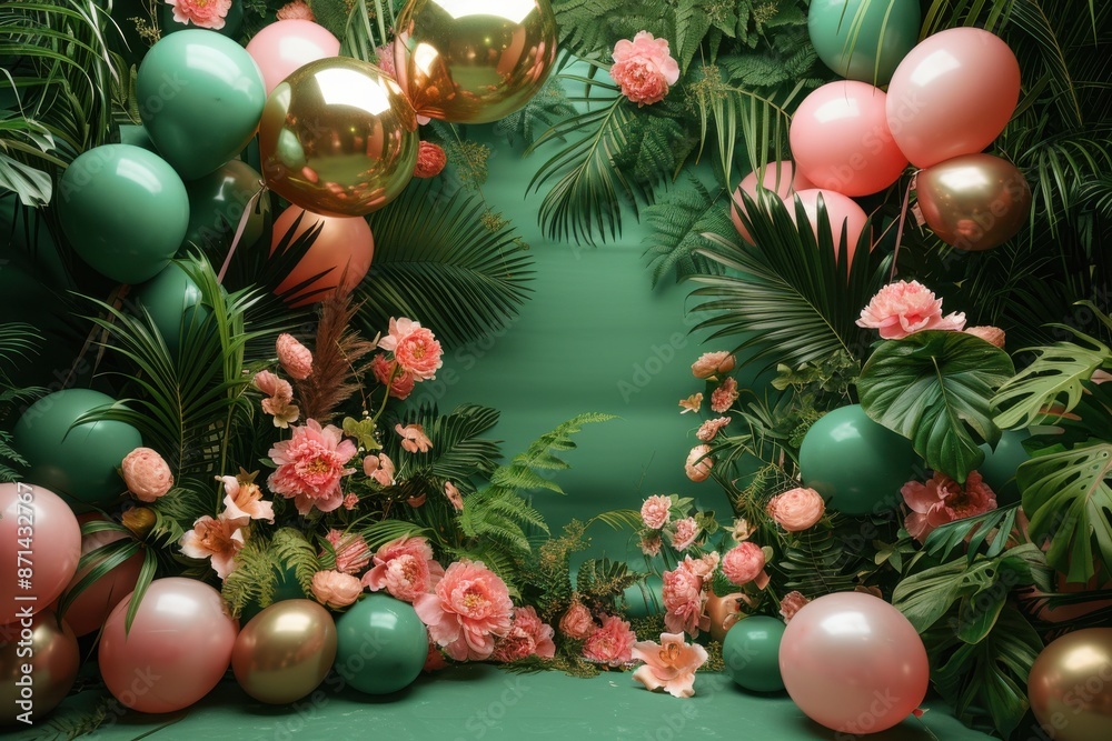 A green and pink jungle scene with a large green circle in the middle A green and pink jungle scene with a large green circle in the middle