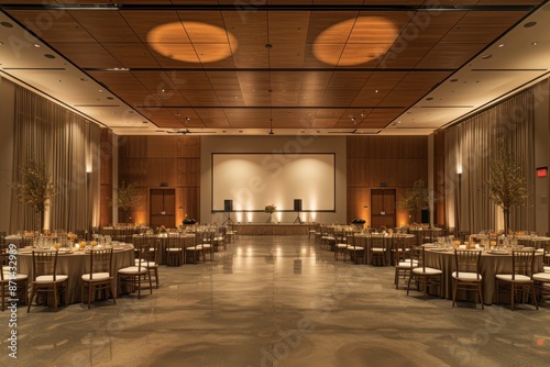 A large banquet hall with tables and chairs set up for a large event