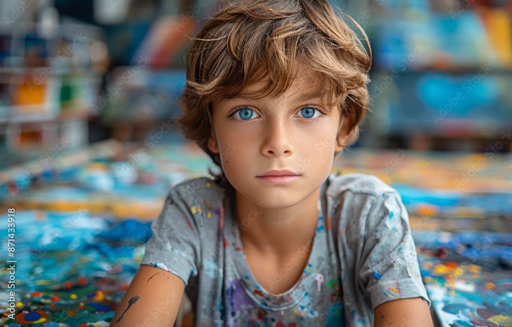 Portrait of a Young Boy with Blue Eyes in an Artistic Studio Setting, Surrounded by Colorful Paintings and Art Supplies