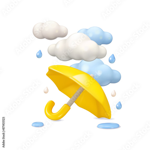 Yellow umbrella with rain and clouds vector 3d icon. Cartoon parasol illustration, puddles and raindrops, isolated on white background. Colorful monsoon sale concept, design element